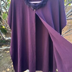 Elegant and Chic Purple Wool Blend Sweater Poncho with Faux Fur Trim One Size